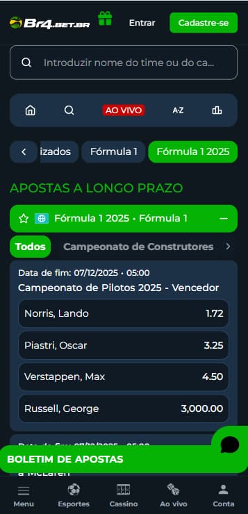 Mercados de apostas de F1 a longo prazo na Br4Bet com