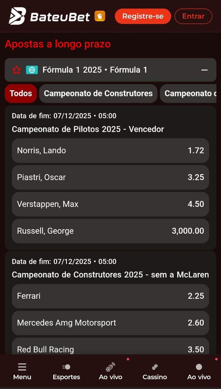 Apostas a longo prazo no Campeonato de Pilotos na BateuBet