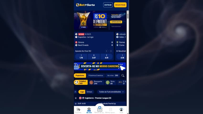 Homepage da Bet dá Sorte com destaque para a oferta de Freebet no Brasileirão