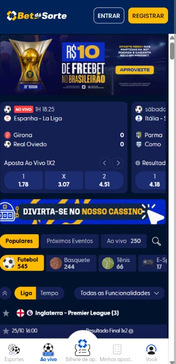 Homepage da Bet dá Sorte com destaque para a oferta de Freebet no Brasileirão