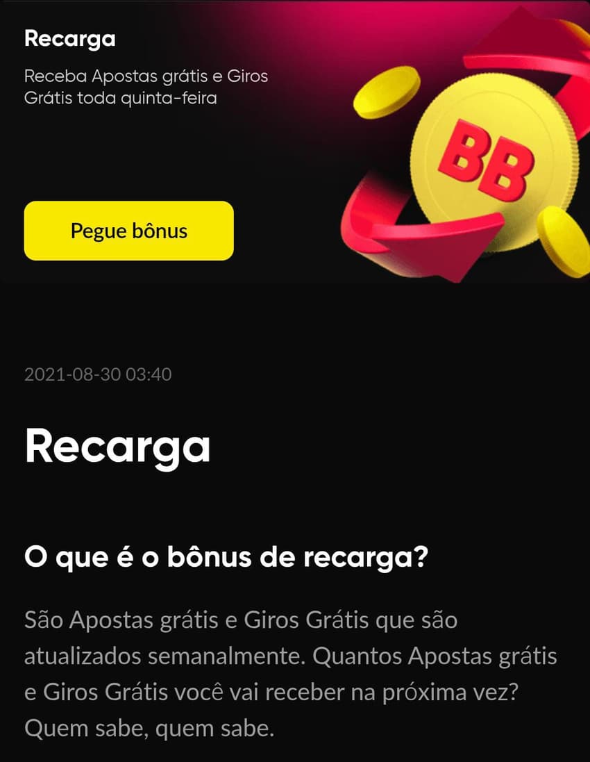 Captura de tela da página da BetBoom Bônus de Recarga.