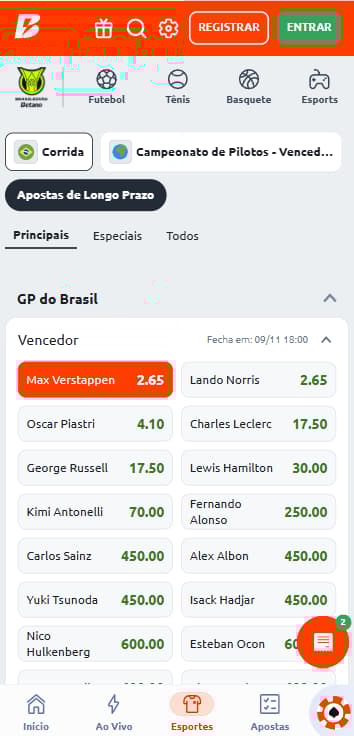 Apostas em Fórmula 1 na Betano com Verstappen e Norris como favoritos do GP do Brasil