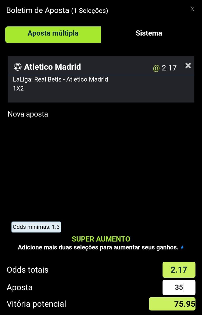 Captura de tela da primeira aposta com o código bônus F12 Bet.