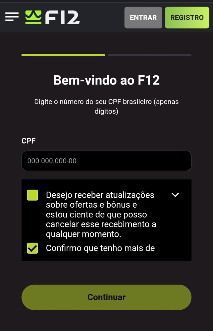 Captura de tela da página de cadastro com o código promocional F12 Bet.