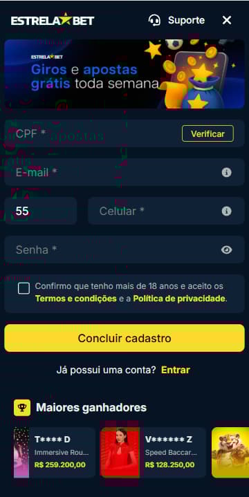 Formulário de cadastro na Estrela Bet com verificação de CPF e campos de dados pessoais