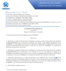 Comunicado da Conmebol informado sobre multa ao Flamengo (Foto: Divulgação/Conmebol)