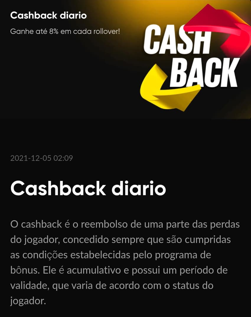 Captura de tela do programa de cashback diário.