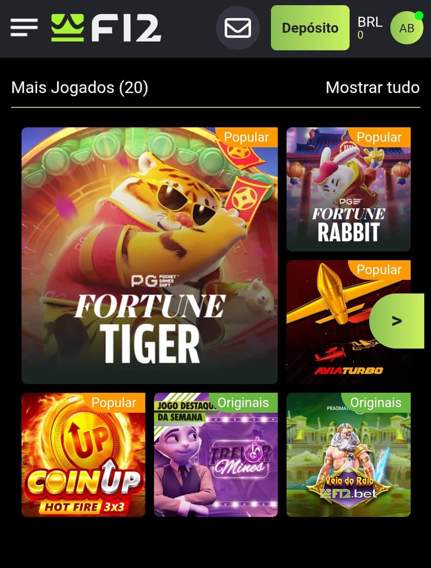 Captura de tela dos jogos mais jogados no cassino da F12 Bet.