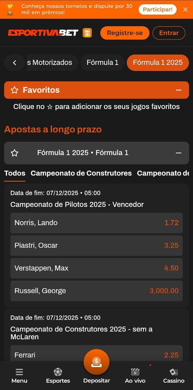 Mercado de Vencedor no Campeonato de Pilotos da Fórmula 1 na Esportiva.bet
