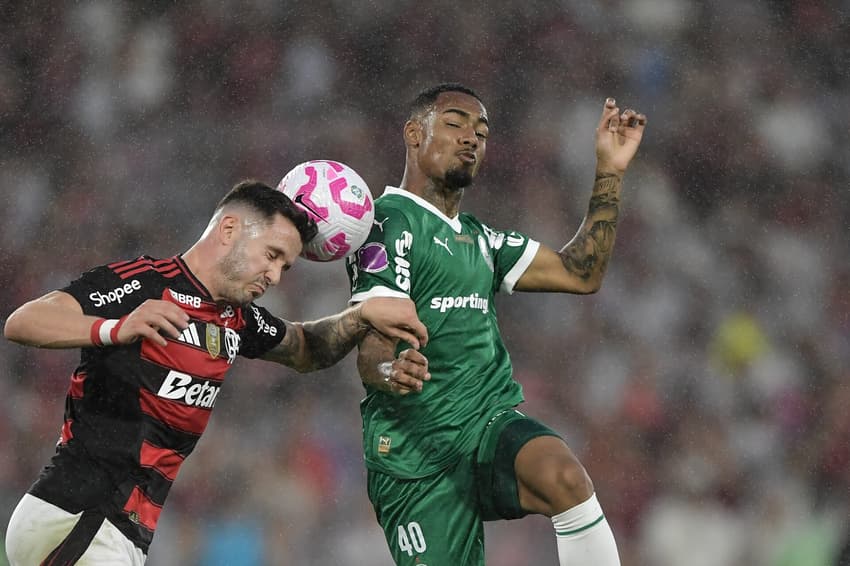 Disputa de bola durante jogo entre Flamengo e Palmeiras pelo Brasileirão (Foto: Thiago Ribeiro/AGIF)
