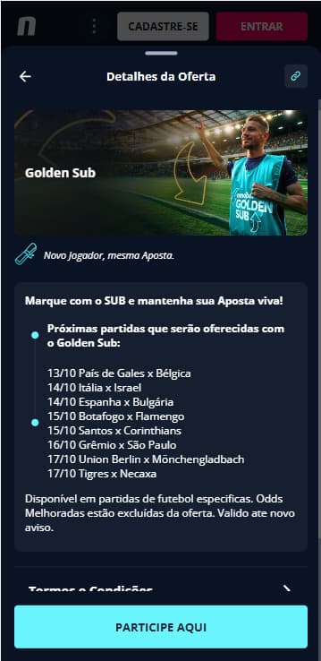 Substituição segura na Novibet com o Golden Sub em partidas selecionadas