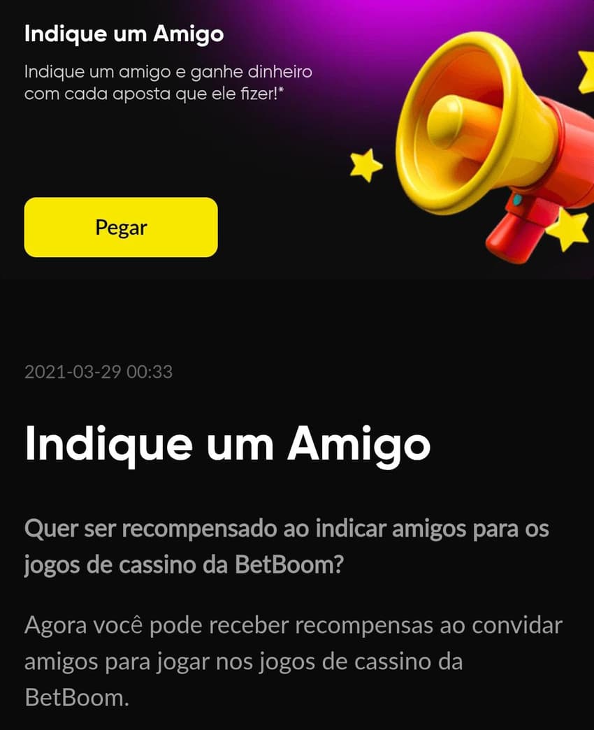 Captura de tela da página do programa Indique um Amigo na BetBoom.