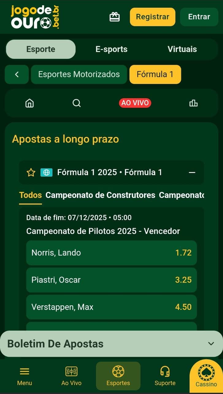 Apostas a longo prazo na Jogo de Ouro com Lando Norris como favorito para vencer a temporada