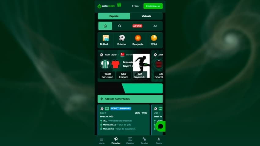 Página de esportes da LotoGreen com destaque para as apostas aumentadas do dia