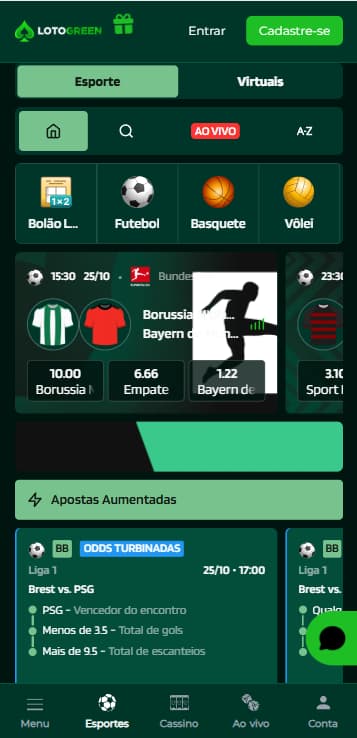 Página de esportes da LotoGreen com destaque para as apostas aumentadas do dia