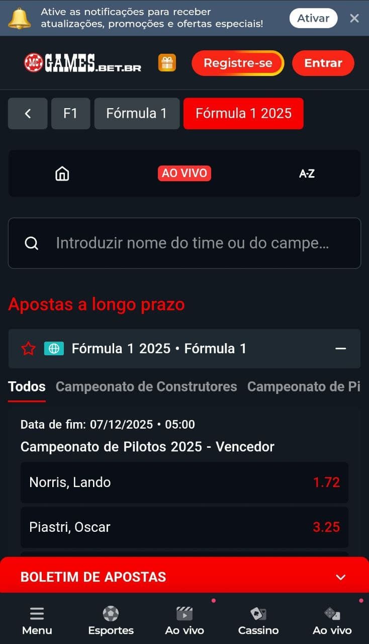 Seção de Fórmula 1 na MC Games com mercados a curto e longo prazo