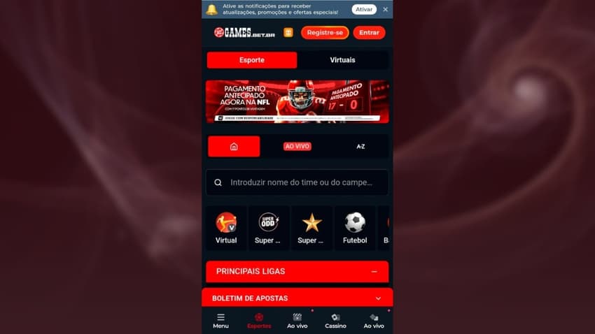 Página principal com esportes e Super Odds na Mc Game