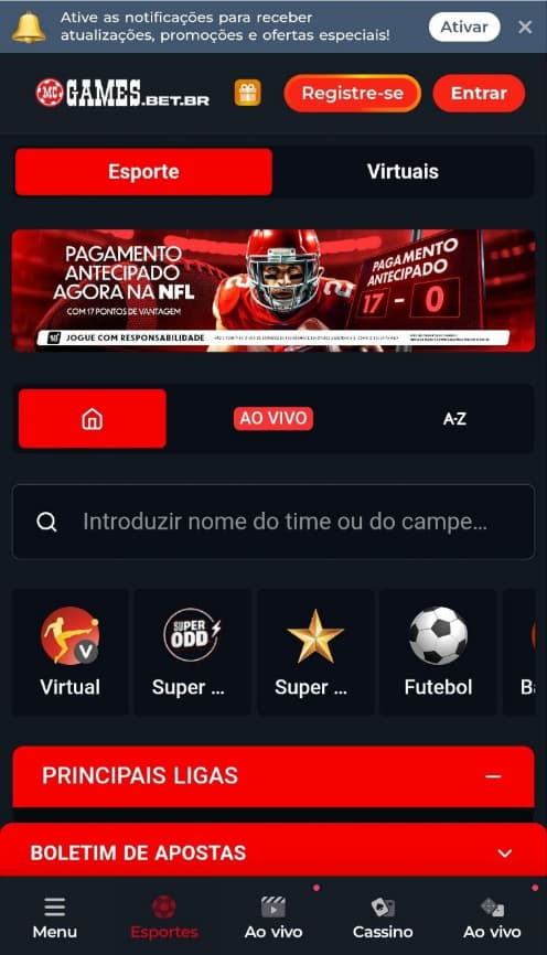 Página principal com esportes e Super Odds na Mc Game