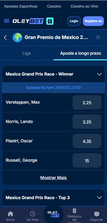 Fórmula 1 na Oley Bet com Max Verstappen como o favorito para Vencedor do GP do México