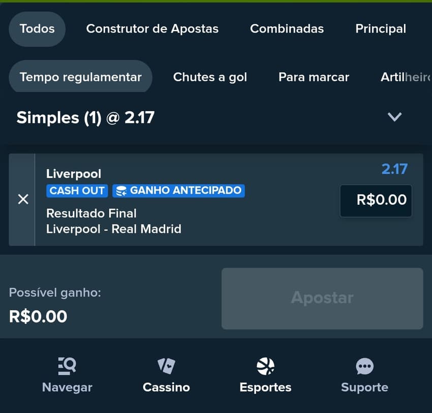 Captura de tela do bilhete de apostas com pagamento antecipado na Stake