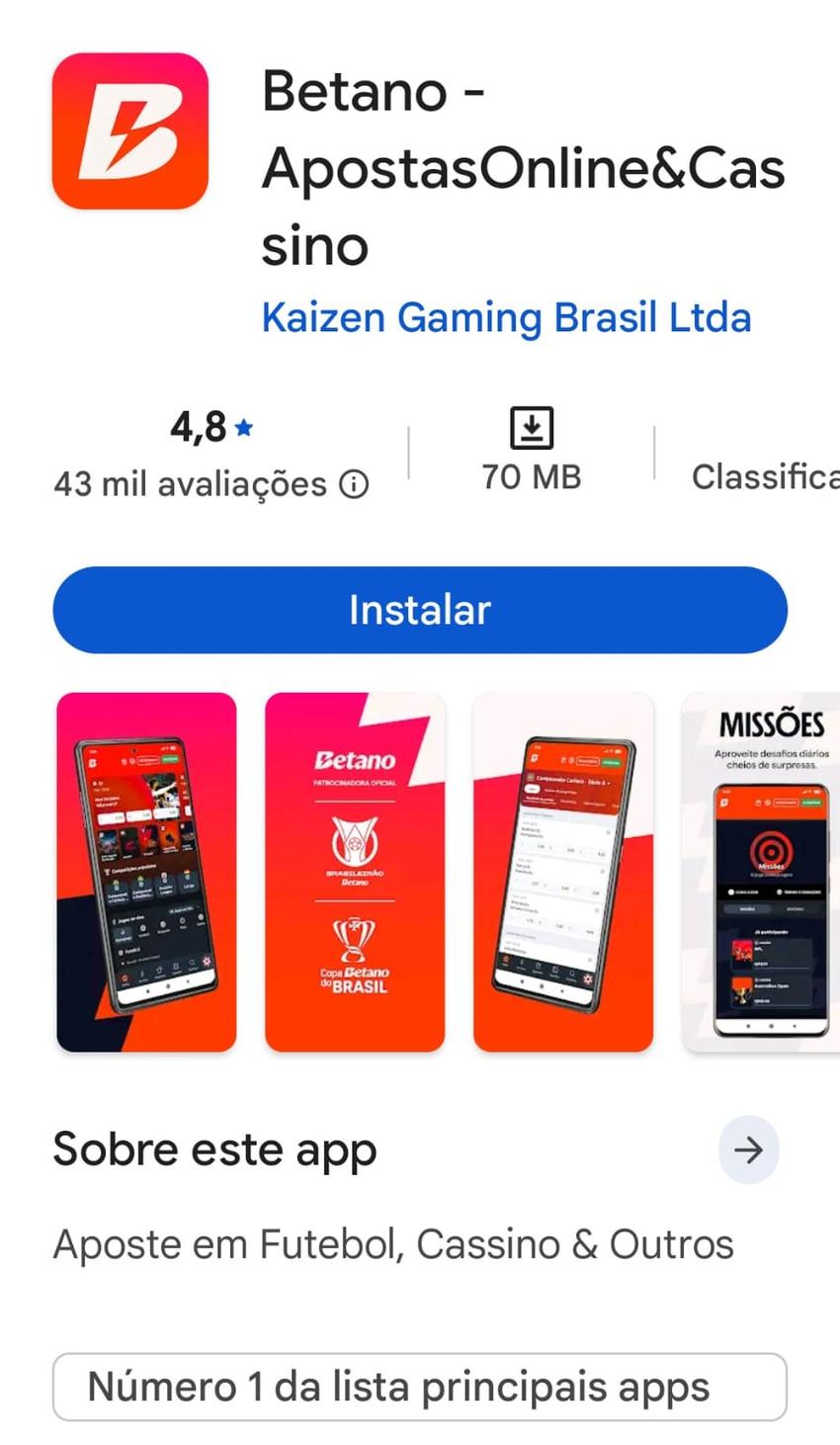 Captura de tela da Play Store com app Betano para instalar