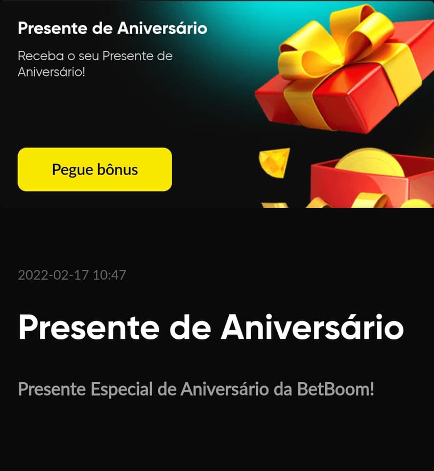 Captura de tela do bônus da BetBoom Presente de Aniversário.