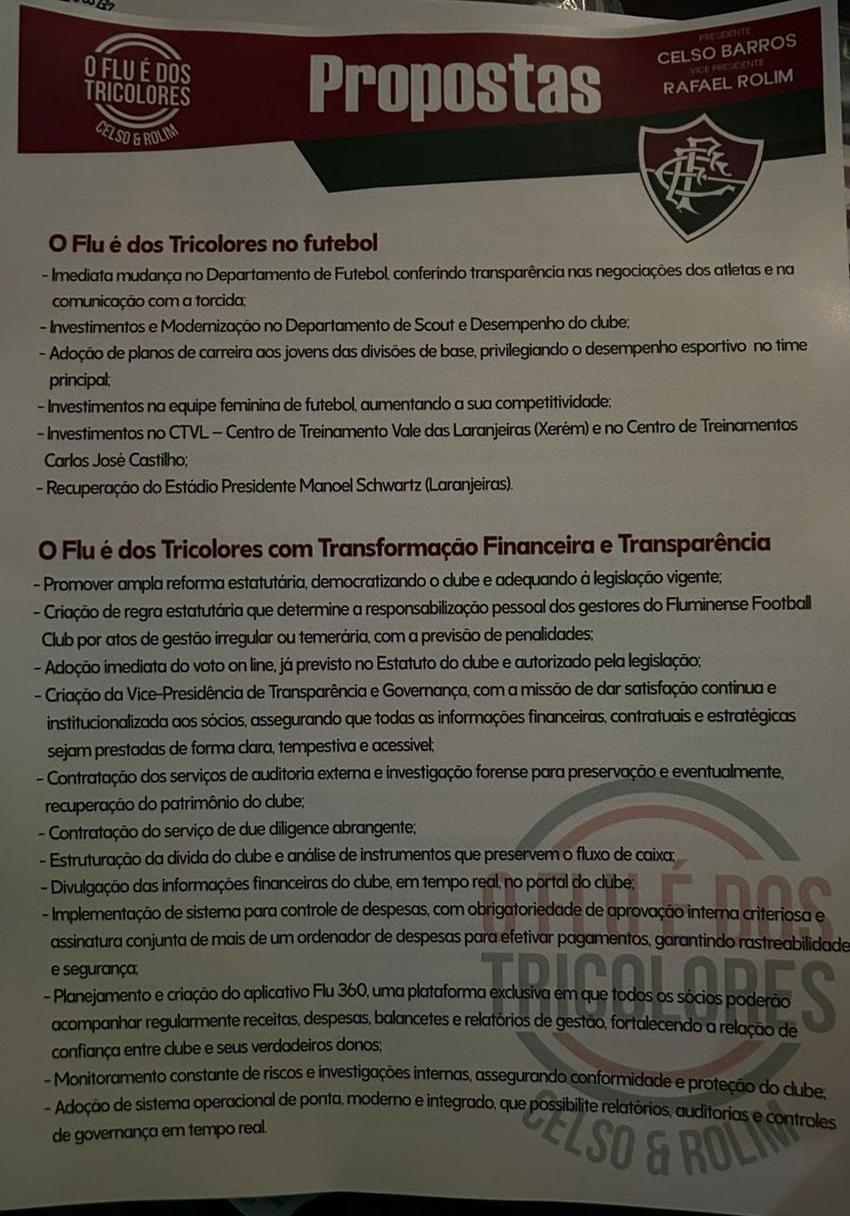 Carta de propostas da chapa de Celso Barros e Felipe Rolim, candidatos na eleição do Fluminense (Foto: Reprodução)