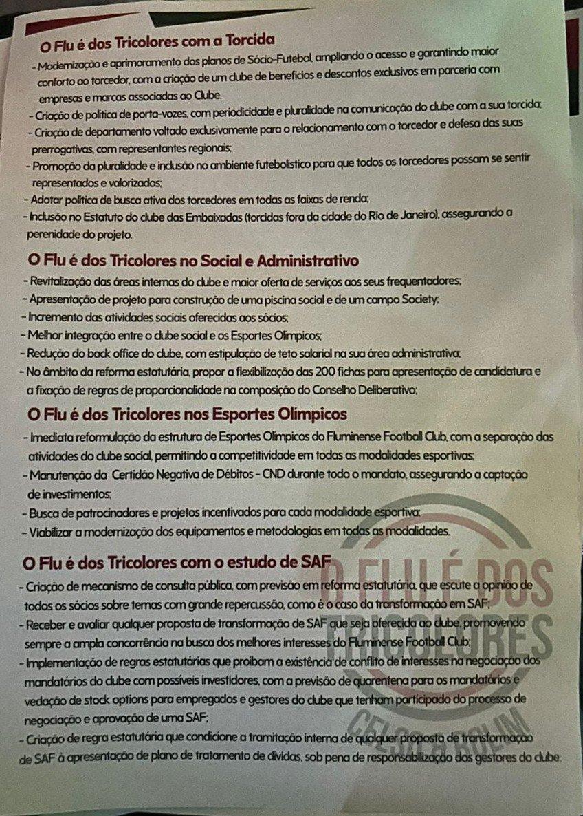 Carta de propostas da chapa de Celso Barros e Felipe Rolim, candidatos na eleição do Fluminense (Foto: Reprodução)