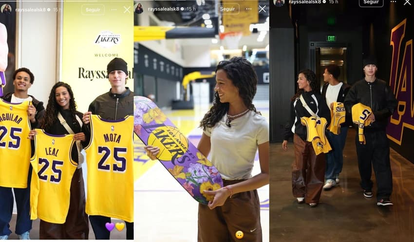 Rayssa Lean, Filipe Mota e Gabryel Aguilar na sede dos Lakers (Foto: Reprodução/Instagram)