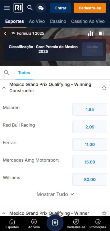 Mercados de apostas em Construtor Vencedor do GP de Fórmula 1 do México na casa de apostas Rivalo