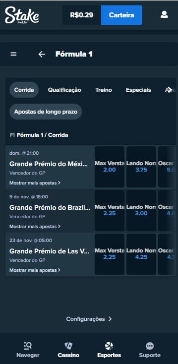 Mercados de Fórmula 1 na Stake disponível para o GP do México, Brasil e Las Vegas