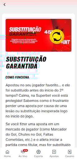 Substituição garantida na Superbet se o jogador for substituído antes do 2º tempo