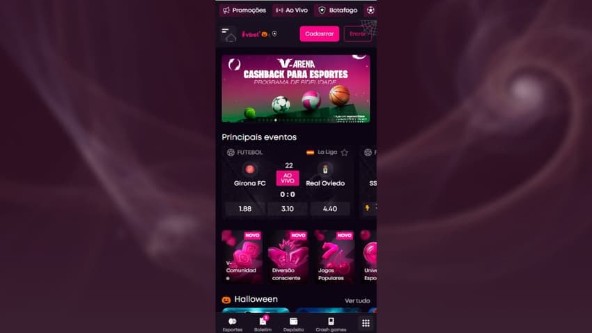 Página da Vbet com destaque para a V-Arena e cashback em esportes