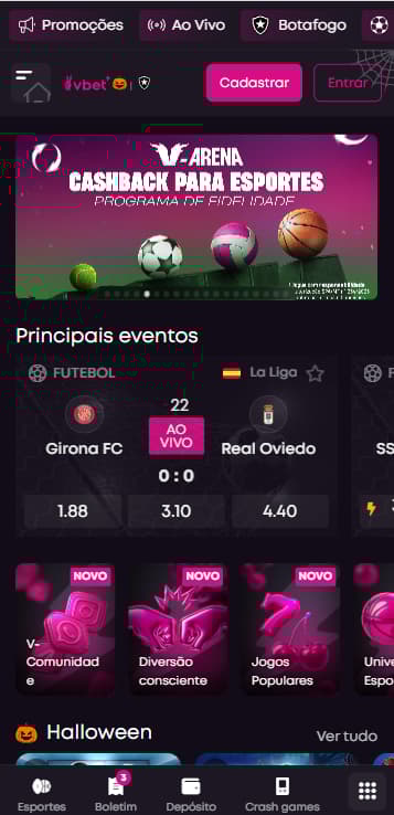 Página da Vbet com destaque para a V-Arena e cashback em esportes