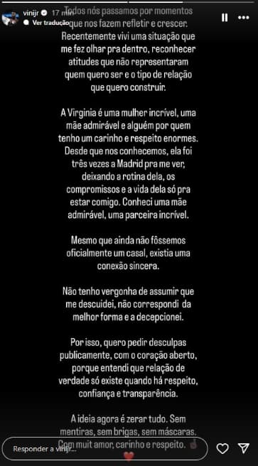 Vini Jr se manifesta sobre término com Virginia (Foto: Reprodução)