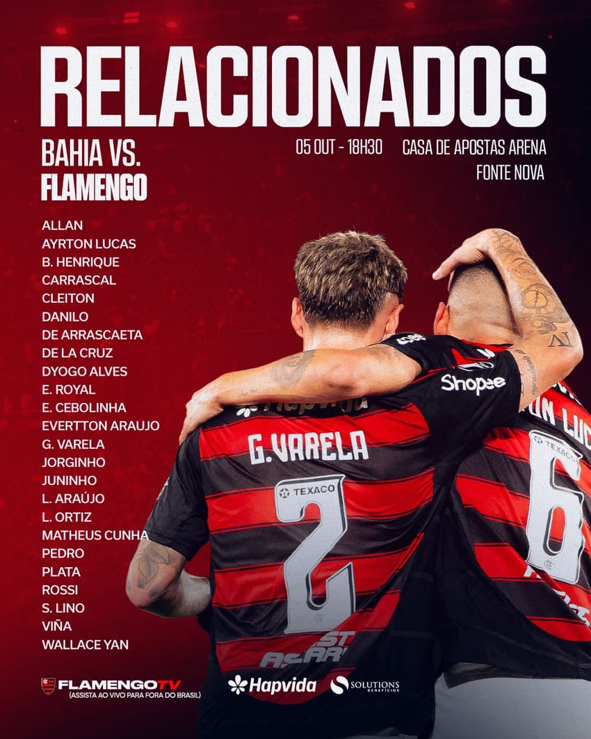 Lista de relacionados do Flamengo para o jogo contra o Bahia.