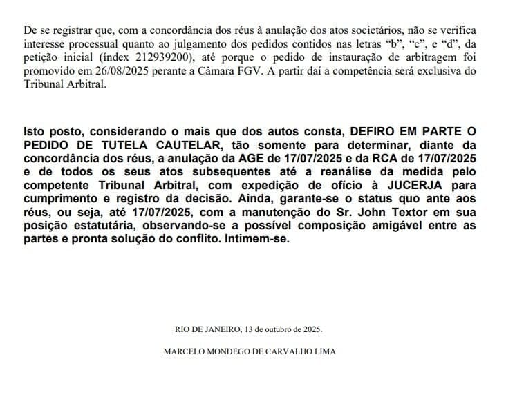 Decisão da Justiça do Rio anulando reunião da SAF do Botafogo (Foto: Reprodução)