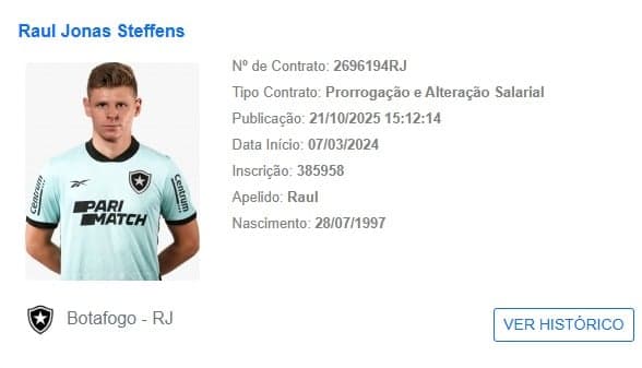 Novo vínculo de Raul com o Botafogo já consta na CBF (Foto: Reprodução)