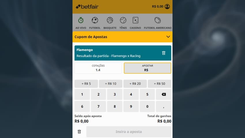 Captura de tela de aposta na Betfair