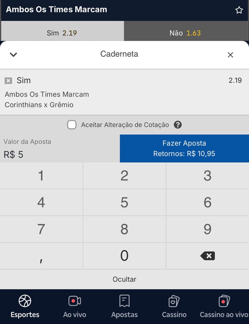 Captura de tela mostra a caderneta de aposta na Betnacional.