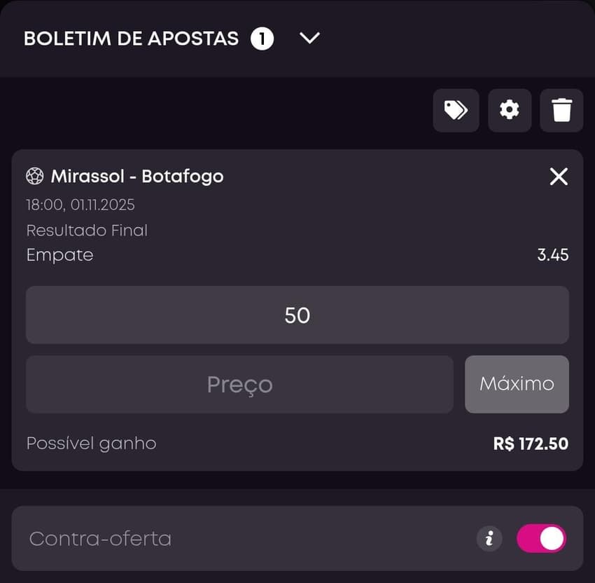 Captura de tela do Boletim de Apostas na Vbet