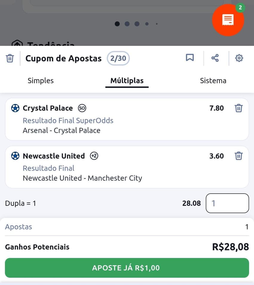 Captura de tela de uma aposta múltipla na Betano