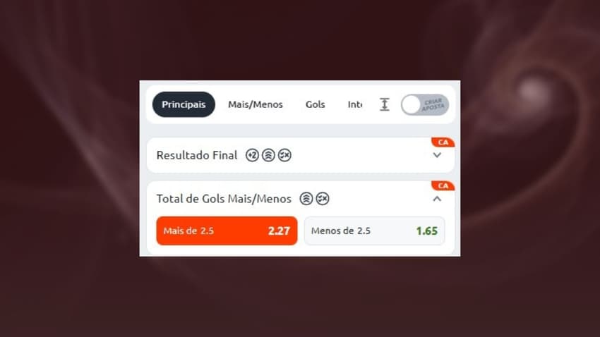 Captura de tela com aposta no mercado Total de Gols Mais de 2.5 na Betano