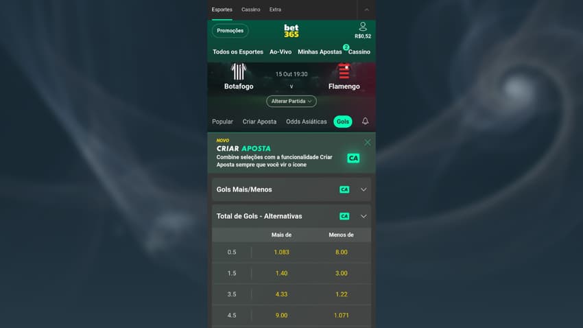 Captura de tela das apostas em total de gols no jogo Botafogo x Flamengo na Bet365