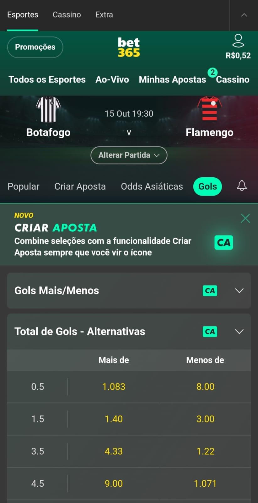 Captura de tela das apostas em total de gols no jogo Botafogo x Flamengo na Bet365.