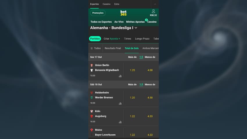 Captura de tela da página de apostas em 1.5 gols na Bet365