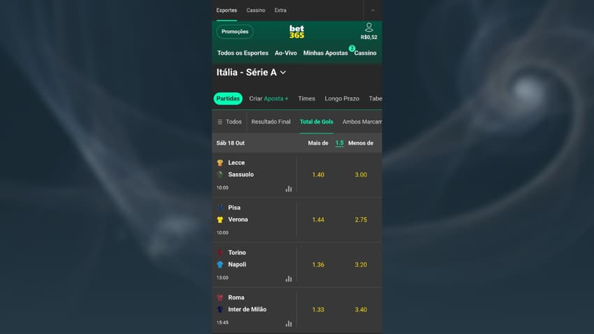 Captura de tela da página de apostas em 1.5 gols na Serie A na Bet365