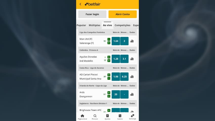Captura de tela da página de apostas ao vivo da Betfair