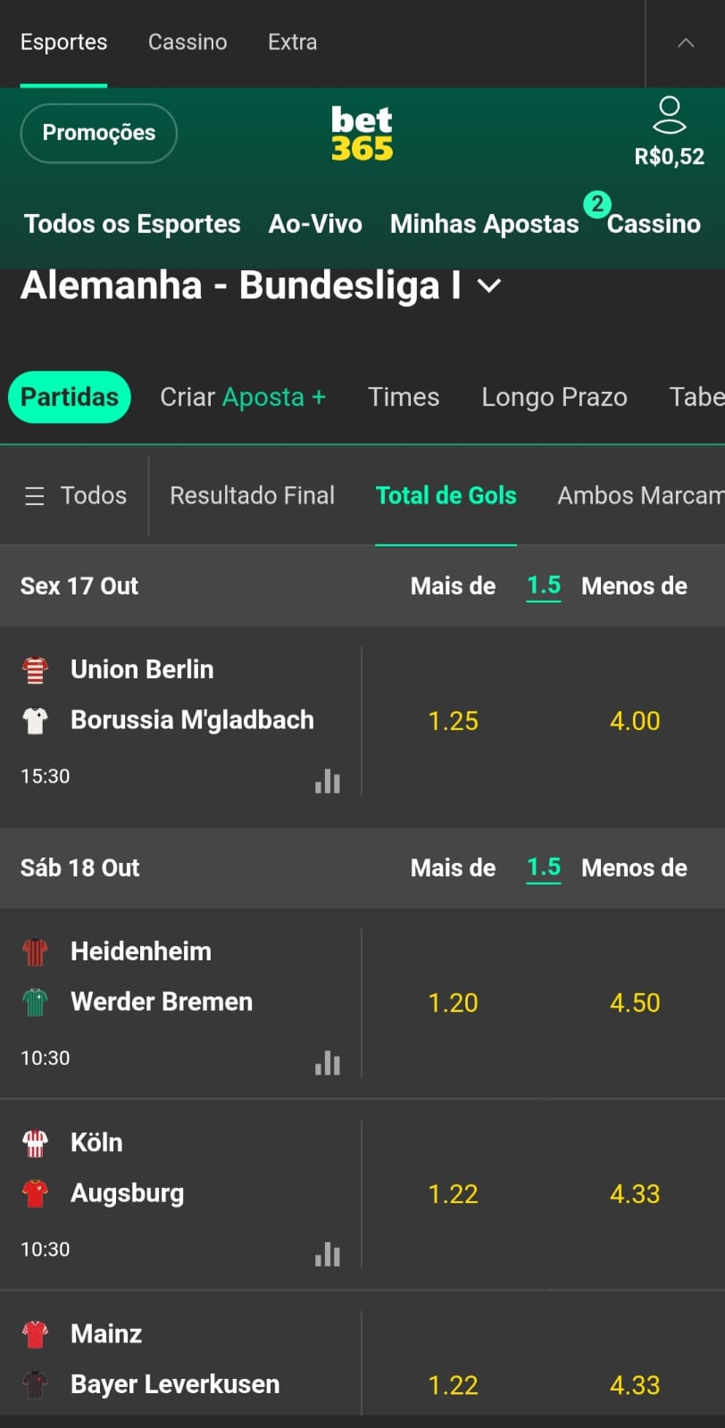 Captura de tela da página de apostas em 1.5 gols na Bet365. 