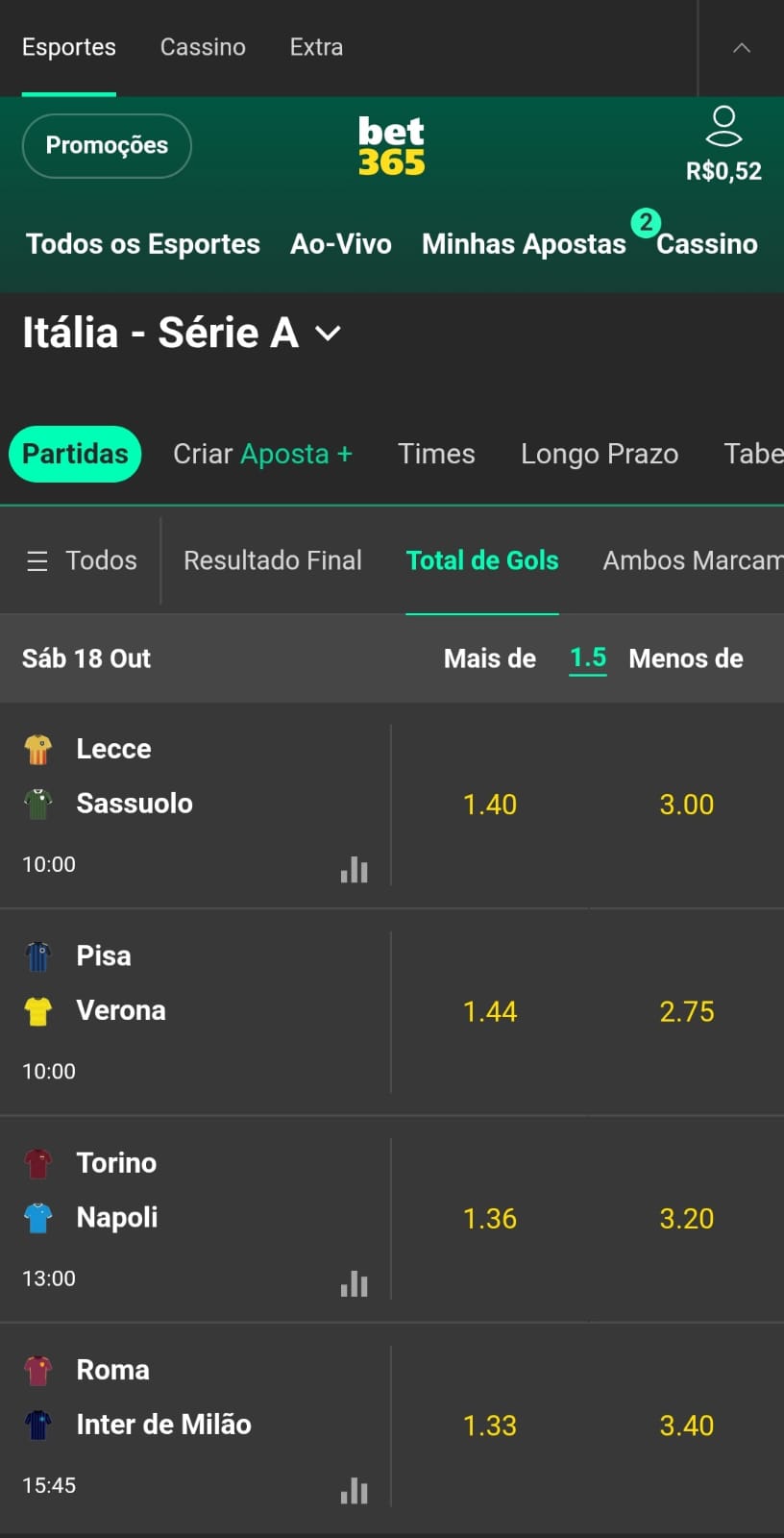 Captura de tela da página de apostas em 1.5 gols na Serie A na Bet365. 